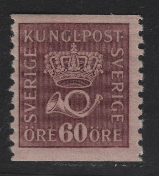 Lot 65 Sweden SC#148 (Facit# 162b) 60o Claret on Yellow Crown & Post Horn, 1920-1934 Crown & Post Horn Issue, A FOG Single, Type 1, Rose Tinted Thinner Paper With Clear Horizontal Mesh
