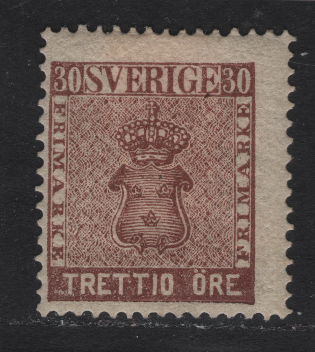 Lot 7 Sweden SC#11 (Facit #11h) 30o Chocolate Arms, 1858-1862 Arms Issue, A FOG Single, 1872 Perforation, Crisp, Regular Perforations