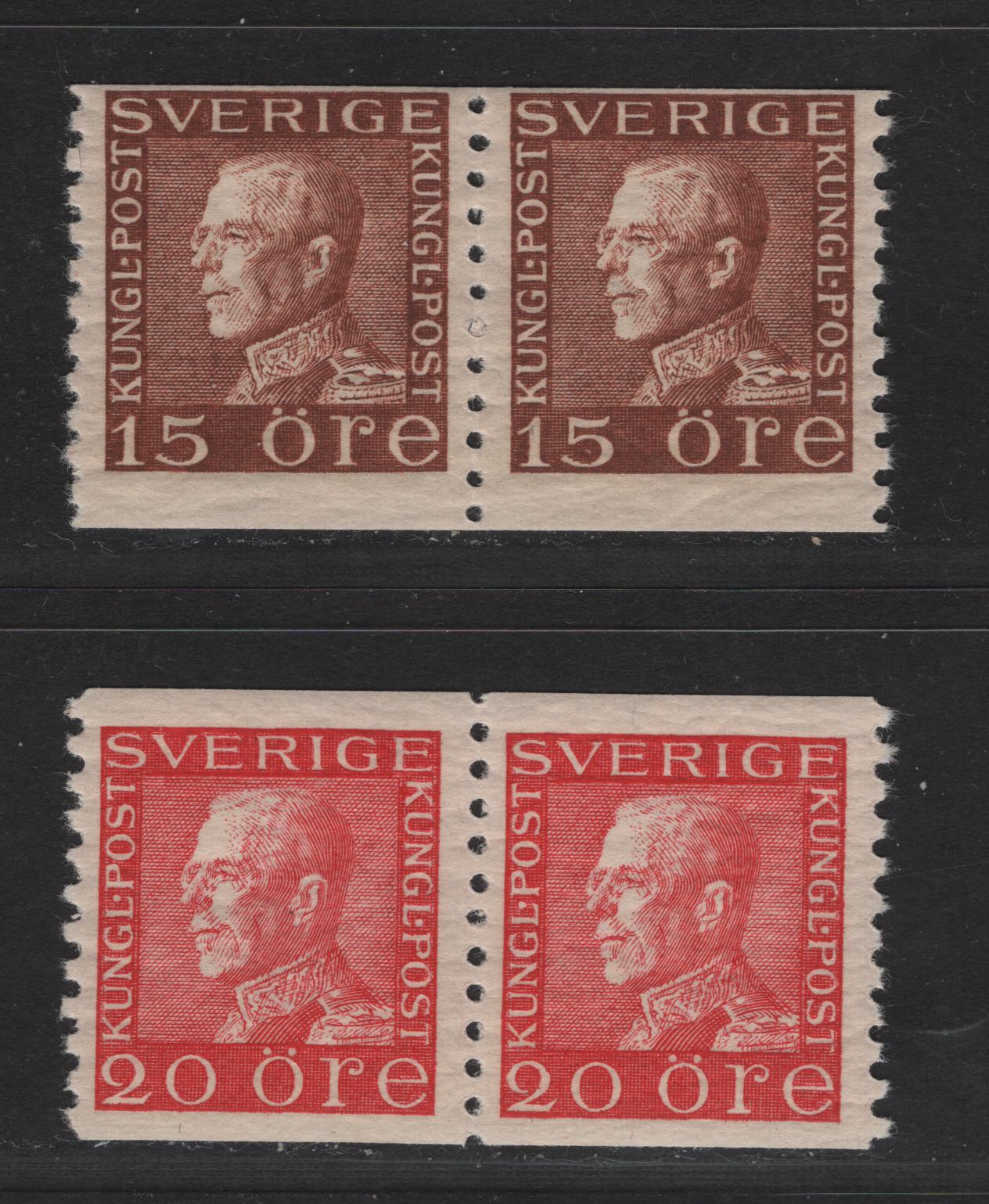 Lot 75 Sweden SC#169, 171 (Facit# 178, 180b) 15o - 20o Brown - Rose King Gustaf V, 1921-1936 King Gustaf V Issue, 2 F/VFNH Pairs, White Paper