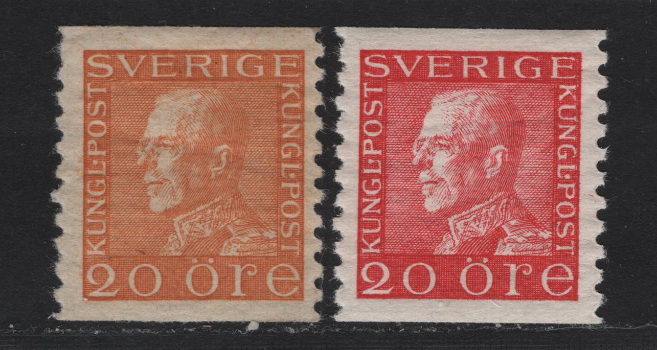 Lot 78 Sweden SC#171-172 (Facit# 180b, 181a) 20o Rose - Yellow King Gustaf V, 1921-1936 King Gustaf V Issue, 2 VFOG Singles, White Paper & A2 Paper (Thin Translucent With Distinct Mesh)
