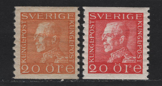 Lot 78 Sweden SC#171-172 (Facit# 180b, 181a) 20o Rose - Yellow King Gustaf V, 1921-1936 King Gustaf V Issue, 2 VFOG Singles, White Paper & A2 Paper (Thin Translucent With Distinct Mesh)