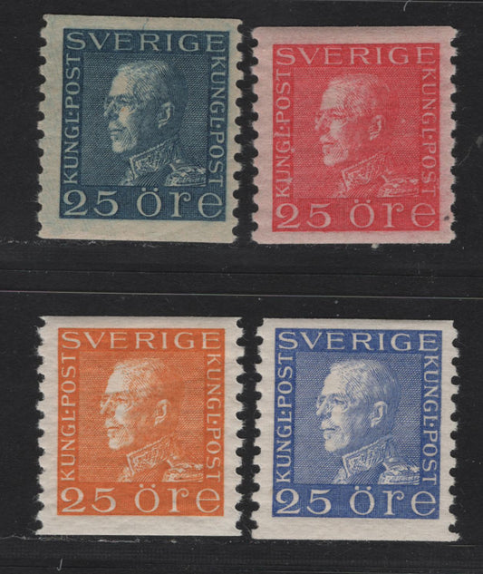 Lot 79 Sweden SC#174-177 25o Dark Blue - Yellow Orange King Gustaf V, 1921-1936 King Gustaf V Issue, 4 F/VFOG Singles