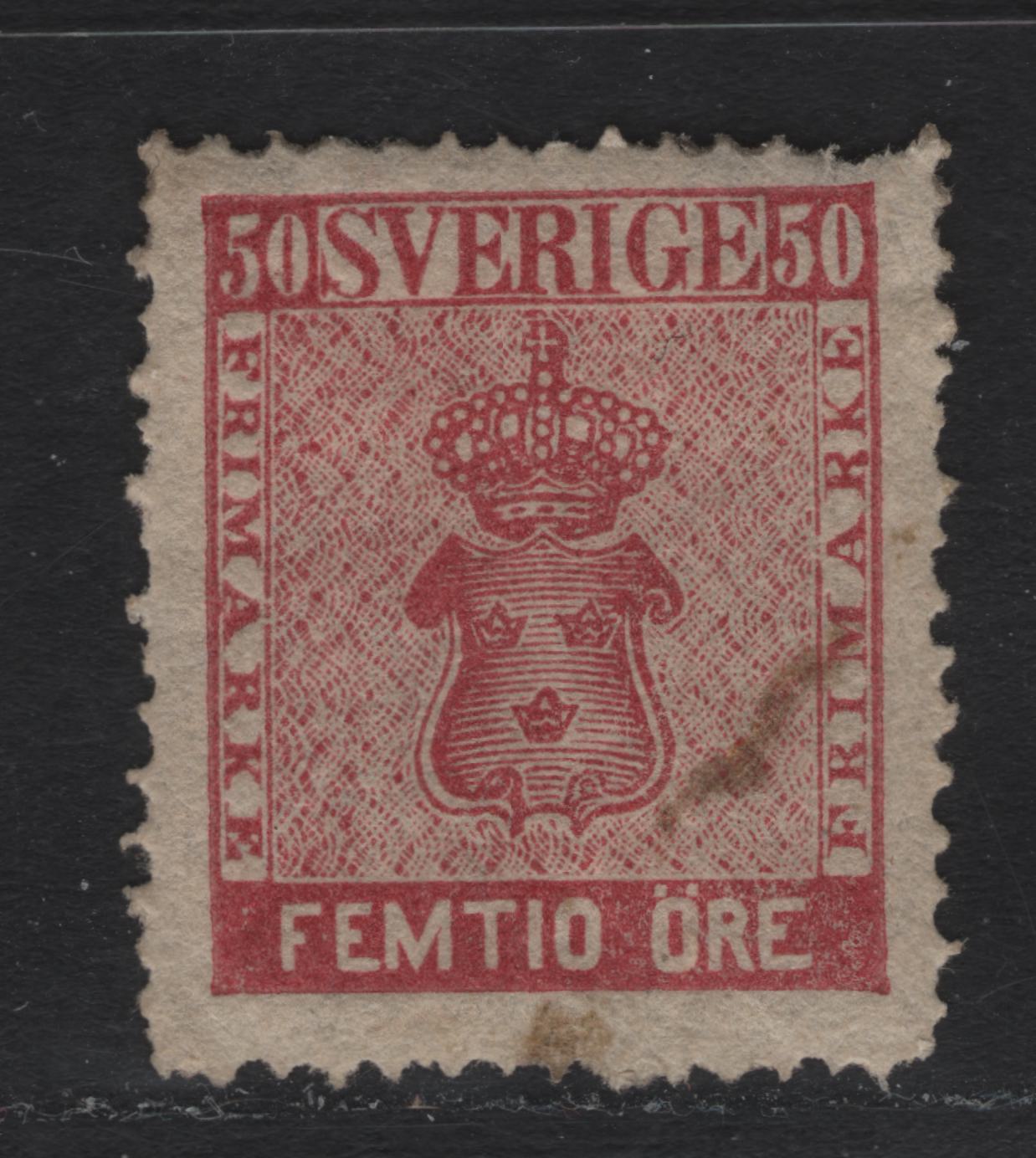 Lot 8 Sweden SC#12a (Facit #12b) 50o Violet Tinged Carmine Arms, 1858-1862 Arms Issue, A VGOG Single, 1855 Perforation (Rough, Irregular Perfs), Small Thin in UR Corner & Small Stain on Front