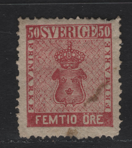 Lot 8 Sweden SC#12a (Facit #12b) 50o Violet Tinged Carmine Arms, 1858-1862 Arms Issue, A VGOG Single, 1855 Perforation (Rough, Irregular Perfs), Small Thin in UR Corner & Small Stain on Front
