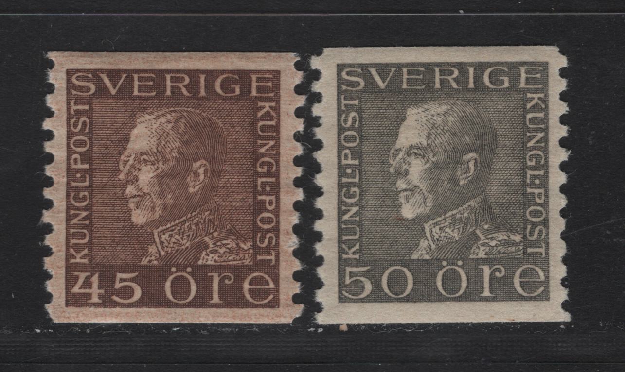 Lot 82 Sweden SC#184-185 (Facit# 191a, 192a) 45o - 50o Dull Brown - Olivish Gray King Gustaf V, 1921-1936 King Gustaf V Issue, 2 VFOG Singles, 45o On A1 Paper (Non-Translucent With Clear Mesh), 50o On Yellowish Paper With No Mesh