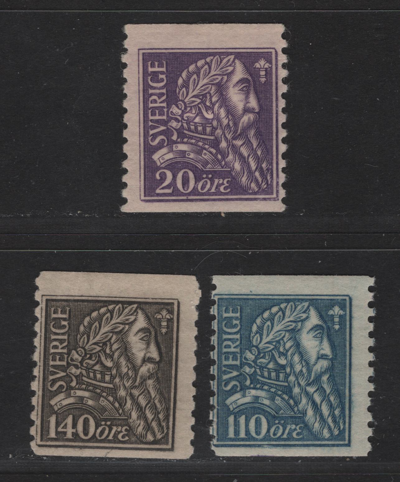 Lot 85 Sweden SC#194-196 20o - 140o Violet - Gray Black , 1921 Gustavus Vasa Issue, 3 FOG Singles