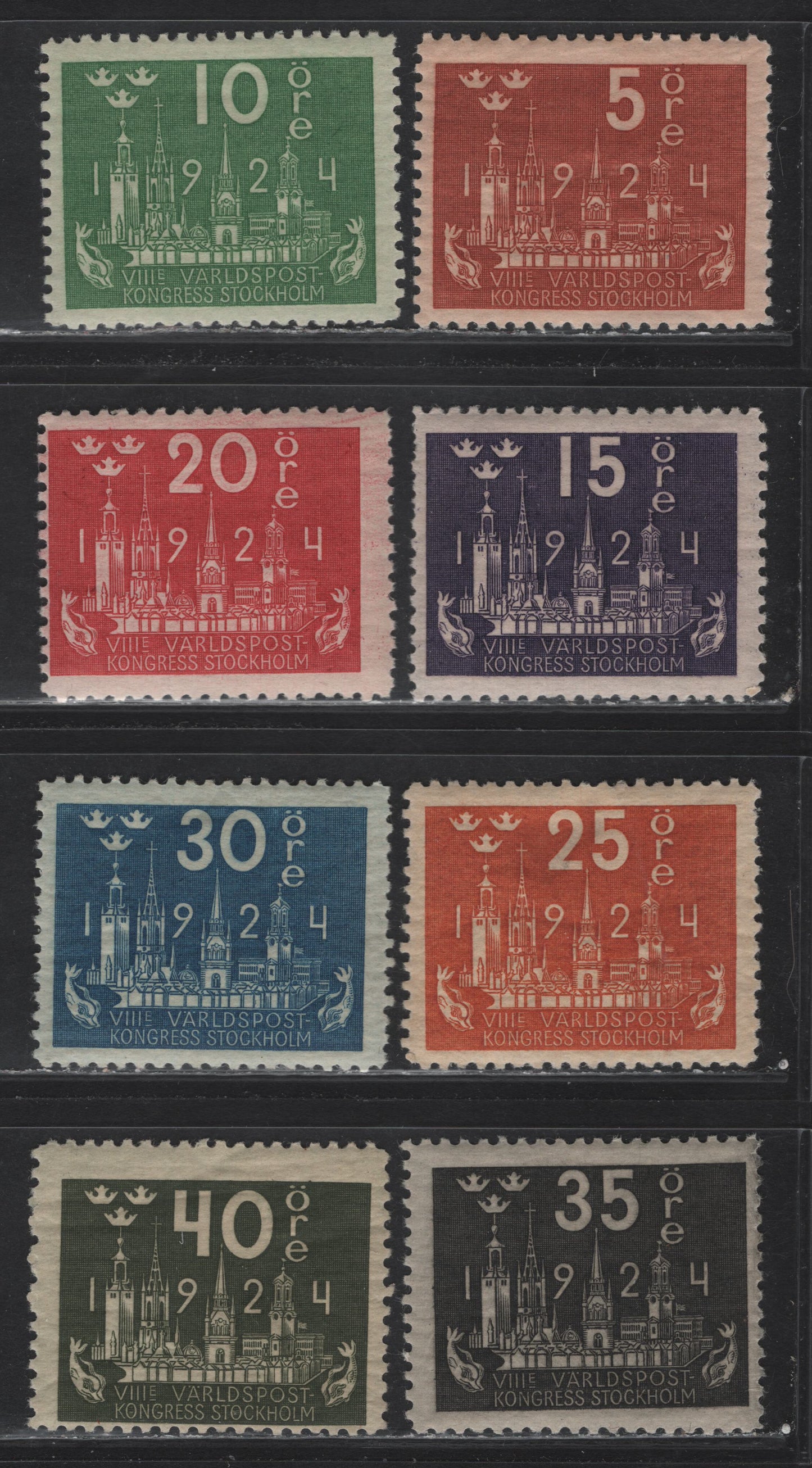 Lot 88 Sweden SC#197-204 5o - 40o Red Brown - Olive Green Stockholm SkylineKing Gustaf V, 1924 UPU Issue, 8 F/VFOG Singles