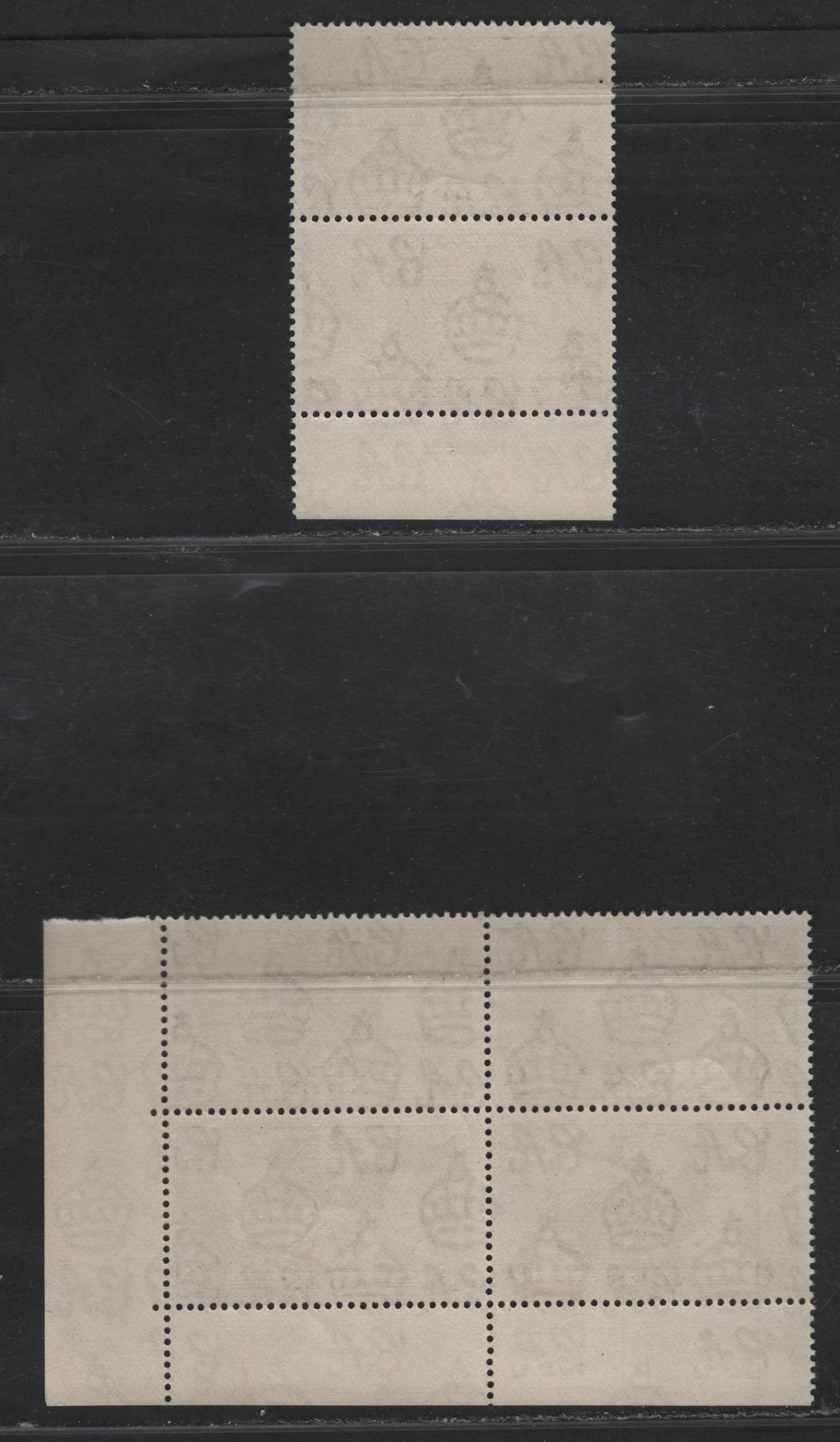 Lot 97 Aden (C) SG#13 1a Sepia Coronation, 1937 Coronation Issue, 2 VFOG LR Block Of 4 & Sheet Margin Pair, Plate 1, Hinged On 2 Lower Stamps, Top Stamps NH, Marking Hinged On Lower Stamp, NH On Top Stamp.