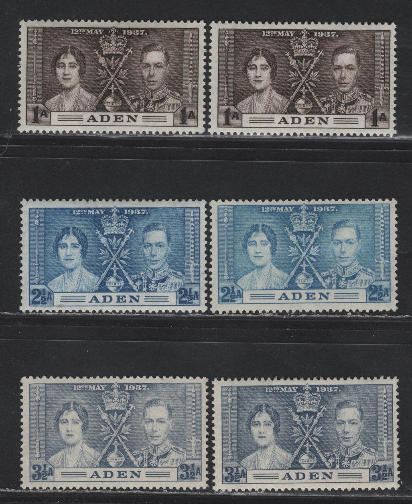 Lot 98 Aden (C) SG#13-15 1a - 3.5a Sepia - Gray Blue Coronation, 1937 Coronation Issue, 6 VFOG Singles, 2 Distinct Shades Of Each Value