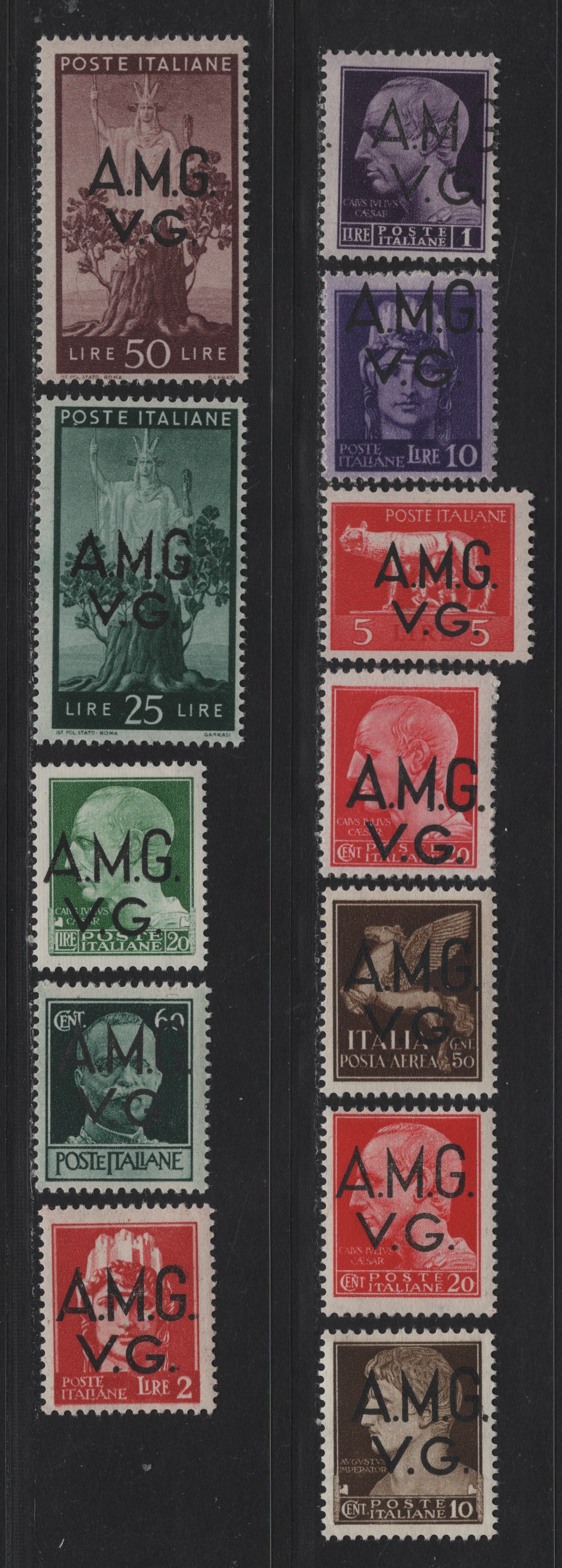 Lot 103 Italy - Allied Gov't In Venezia Giulia SC#1LN1, 1LN2-7, 1LN7B, 1LN9-12 10c - 50l Dark Olive Brown - Dark Violet Brown , 1945-1946 AMG Overprinted Definitive Issue, 12 F/VFOG Singles