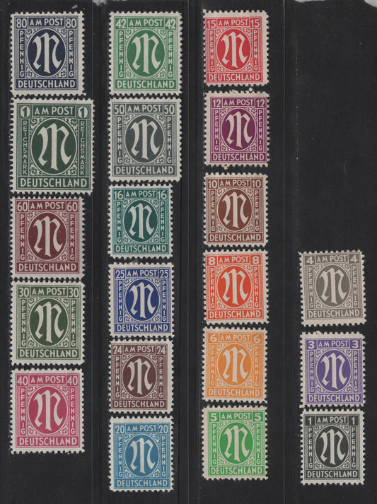 Lot 104 Germany - Allied Gov't SC#1N2a03N13a, 3N1, 3N10-12, 3N14-3N20 1pf - 1m Slate Gray - Dark Olive Green , 1923 Numeral Issue, 2 F/VFOG Singles, Mix of Brunswick Printings & Washington Printings On Various Papers & Perfs