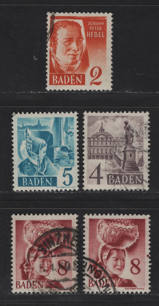 Lot 110 Germany - French Occupation of Baden SC#5N28-5N30, 5N31 (Michel# 28YaI/32yI) 2pf - 8pf Deep Orange - Rose Brown , 1948-1949 3rd Definitive Issue, 5 Fine/Very Fine Used Singles, Without PF on Paper Y (White)