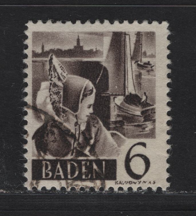 Lot 111 Germany - French Occupation of Baden SC#5N31 (Michel# 31YII) 6pf Reddish Black , 1948-1949 3rd Definitive Issue, A Fine Used Single, Type 2, Paper Y