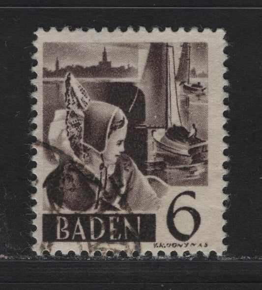 Lot 111 Germany - French Occupation of Baden SC#5N31 (Michel# 31YII) 6pf Reddish Black , 1948-1949 3rd Definitive Issue, A Fine Used Single, Type 2, Paper Y