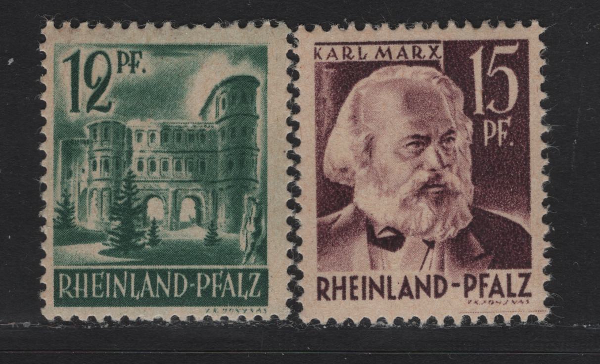 Lot 114 Germany - French Occupation of Rhineland SC#6N4, 6N5 (Michel# 4vwI, 5vvII) 12pf - 15pf Green - Purple , 1947-1948 Pictorial Definitives, 2 F/VFNH Singles, Paper V (Toned) With Smooth & Graining Gum, Type 1 (16pf) & 2 (15pf)