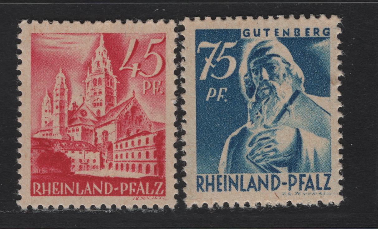 Lot 115 Germany - French Occupation of Rhineland SC#6N10, 6N13 (Michel# 10vvI, 13vv) 45pf - 75pf Cerise - Blue , 1947-1948 Pictorial Definitives, 2 VFOG Singles, Paper V (Toned) With Smooth Gum, 45pf Is Type 1