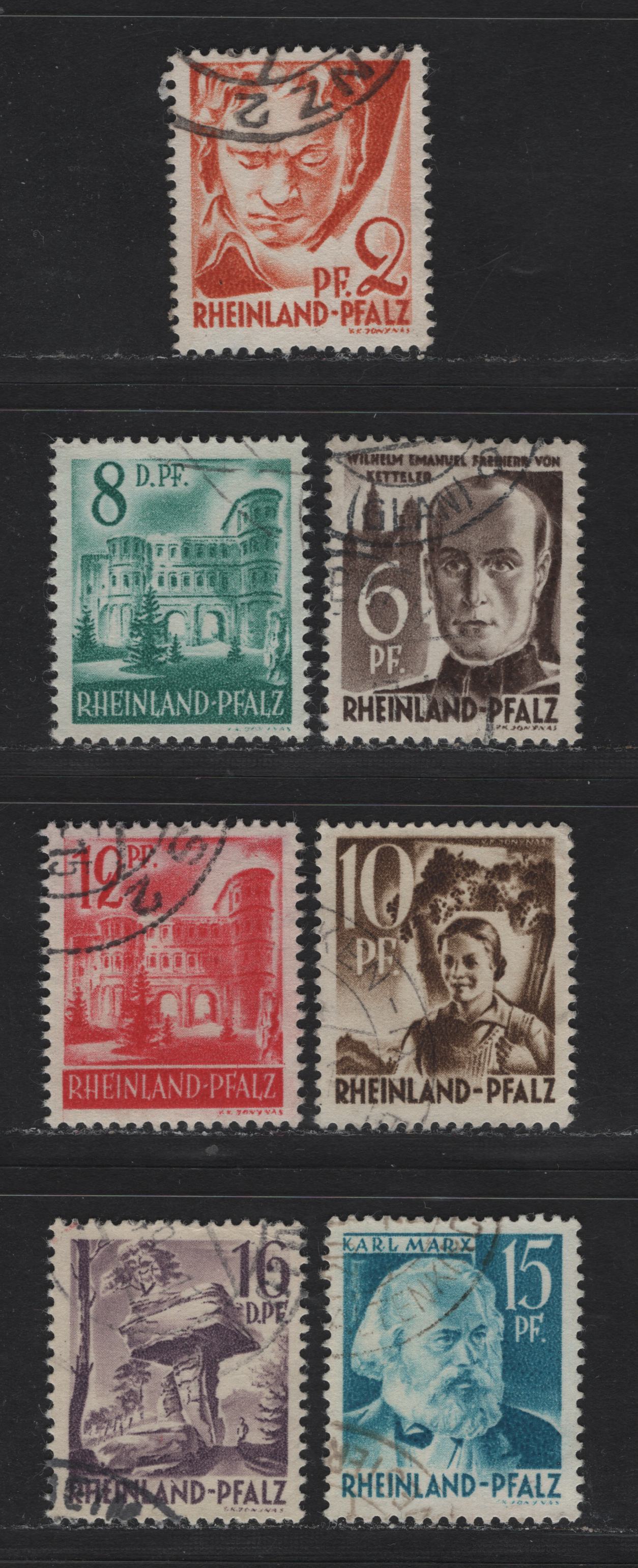 Lot 116 Germany - French Occupation of Rhineland SC#6N16-6N22 (Michel# 16YaI/22YII) 2pf - 16pf Deep Orange - Dark Violet , 1948 Second Issue, 7 Fine/Very Fine Used Singles, Paper Y, Various Types