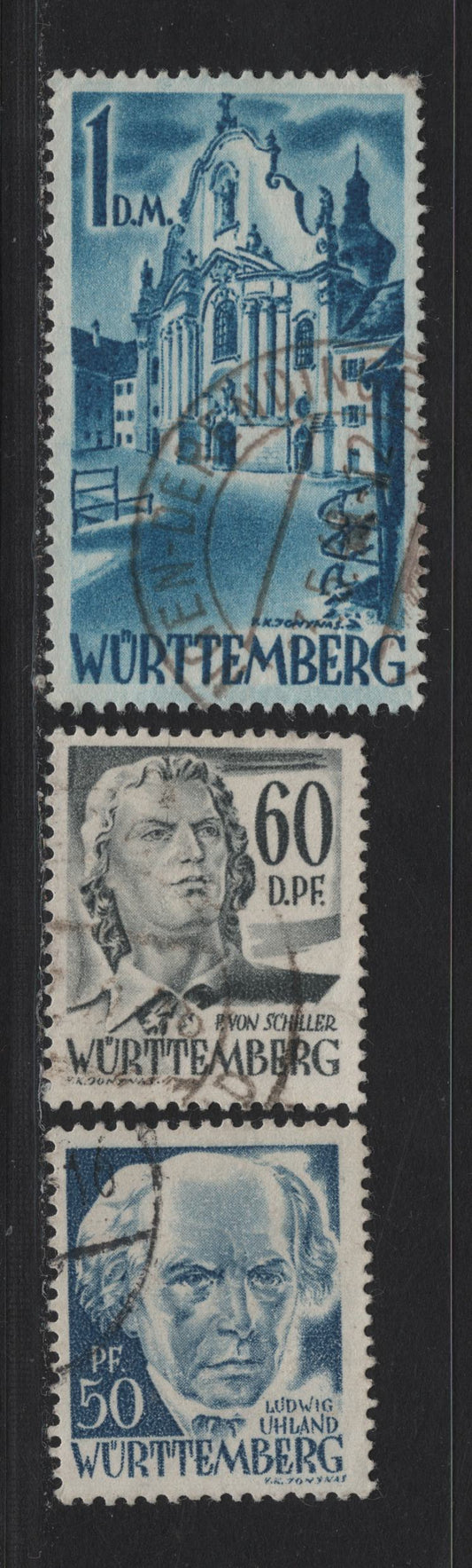 Lot 122 Germany - French Occupation of Wurttemburg SC#8N24-25, 8N27 (Michel# 24Y-25Y, 27YII) 50pf - 1m Dull Blue - Bright Blue , 1948 Reissued Pictorial Issue, 3 Fine/Very Fine Used Singles, Paper Y, 1m Type 2