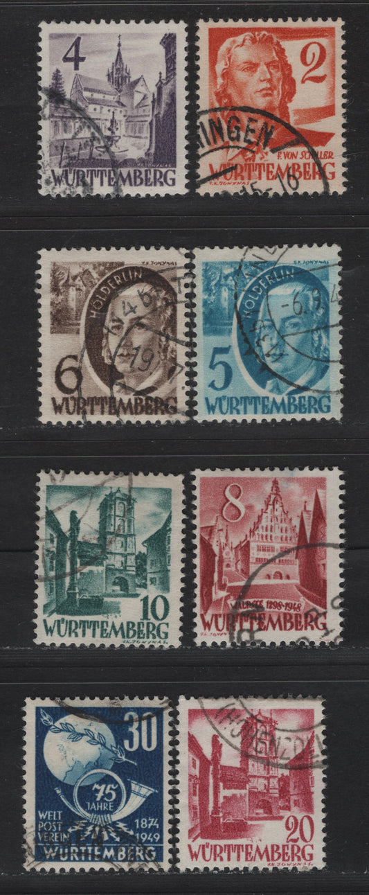 Lot 123 Germany - French Occupation of Wurttemburg SC#8N28/34, 8N41 (Michel# 28Yb/52) 2pf - 30pf Brown Orange - Dark Blue , 1948-1949 Third Reissue Pictorial Issue, 8 Fine/Very Fine Used Singles, Paper Y, Various Types