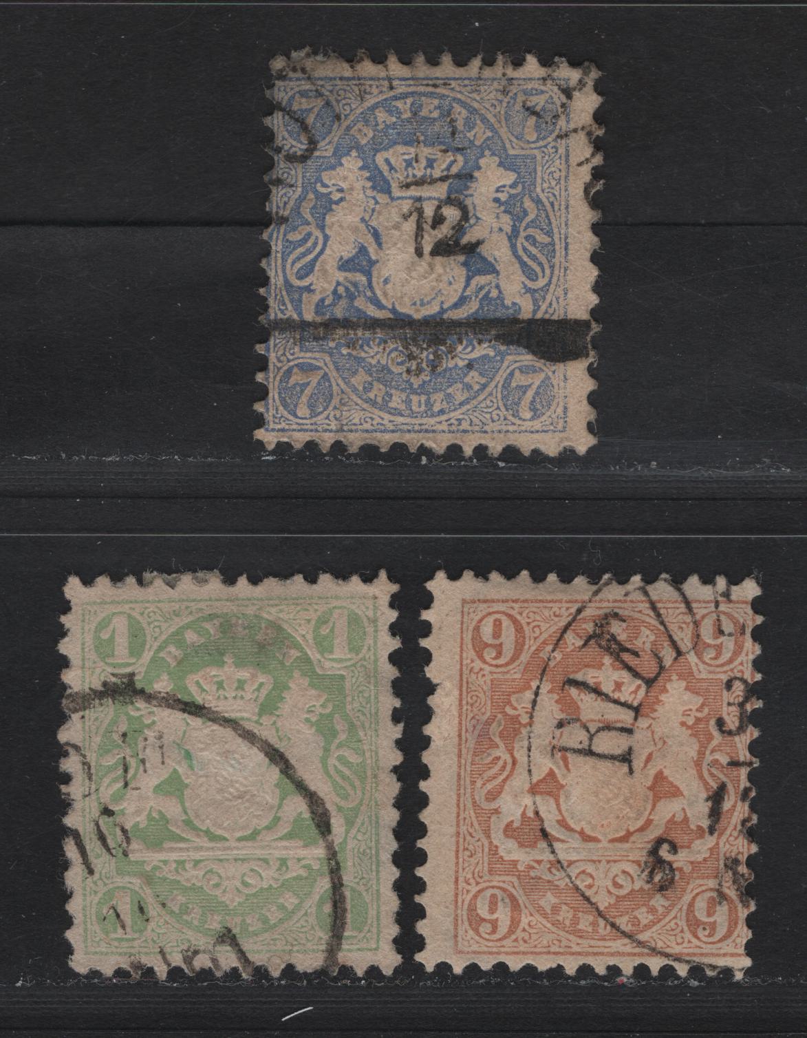 Lot 124 Bavaria SC#23, 27, 26b 1kr - 9kr Green - Pale Brown , 1870-1872 Embossed Arms Issue, 3 Very Good/Very Fine Used Singles, Wide Diamons Wmk (1kr & 9kr) & Narrow Diamonds Wmk (7kr)