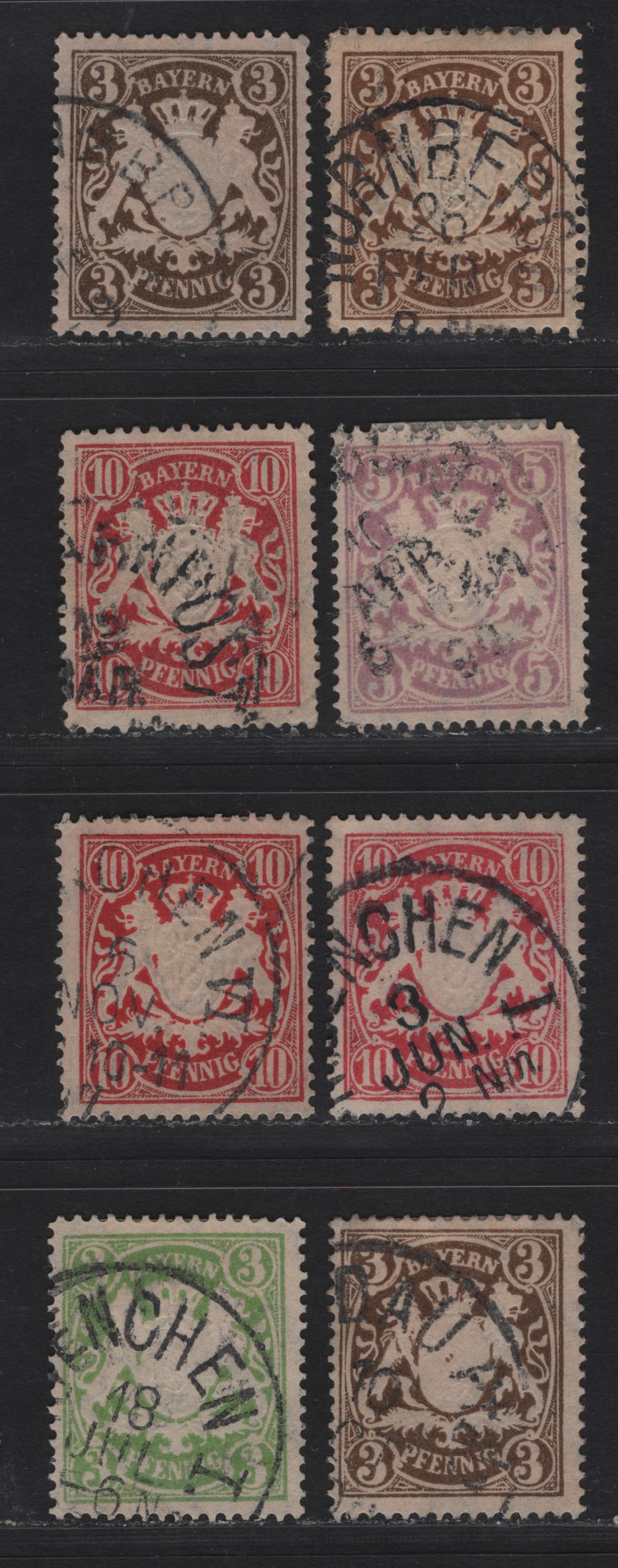 Lot 127 Bavaria SC#59, 60a,d, 61, 63a 3pf - 10pf Green - Carmine Red , 1888-1899 Embossed Arms Issue, 8 Fine/Very Fine Used Singles, Horizontal Wavy Line Wmk, 2 Shades of 3pf Dark Olive Brown & 3 Shades Of 10pf Carmien Red, Orange Tinted Paper.