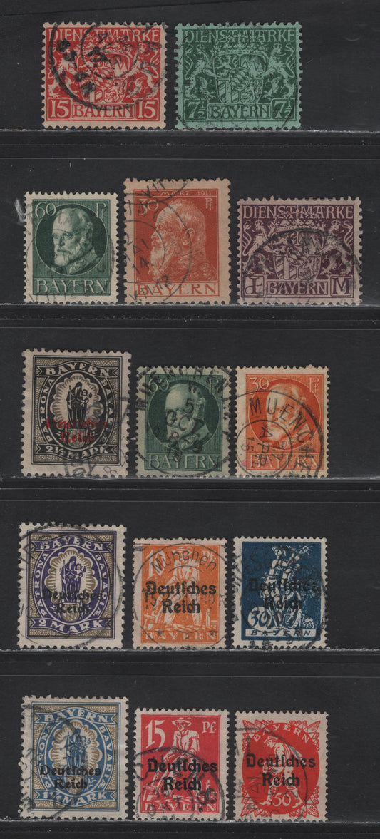 Lot 129 Bavaria SC#82, 107, 107a, 257-258, 260, 262, 267, 270, O11, O8, O18 30pf - 2.5m Orange on Buff - Black & Gray , 1911-1920 Prince Regent Leopold - Arms Official Issues, 14 Fine/Very Fine Used Singles, Legitimate Postal Cancels