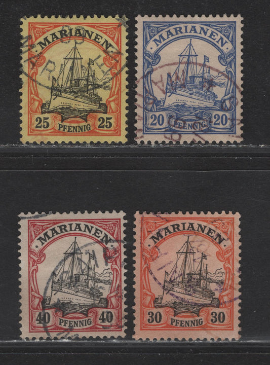 Lot 133 Mariana Islands SC#20-23 20pf - 40pf Ultramarine - Lake & Black , 1901 Kaiser Yacht Issue, 4 Fine/Very Fine Used Singles, Unwatermarked, Forged Cancels, All Dated 1899