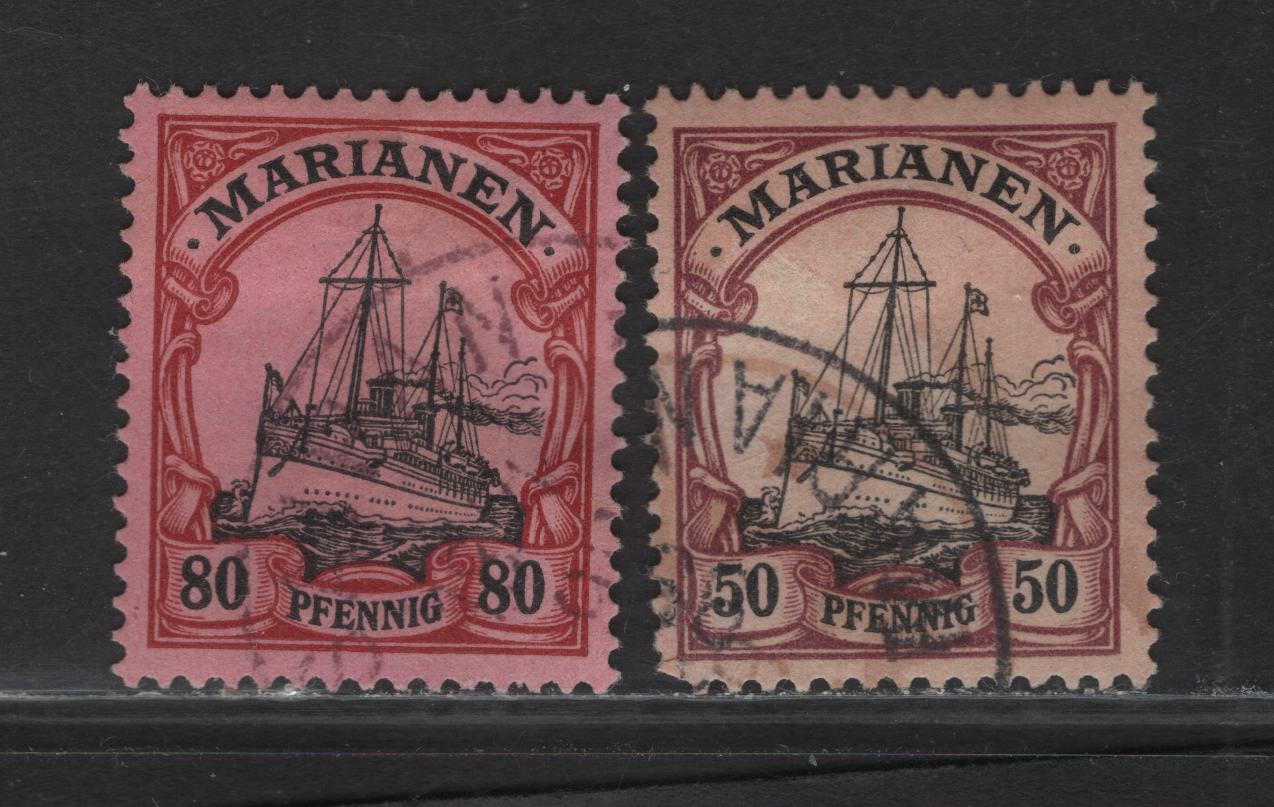 Lot 134 Mariana Islands SC#24-25 50pf - 80pf Purple & Black on Salmon - Lake & Black , 1901 Kaiser Yacht Issue, 2 Very Fine Used Singles, Unwatermarked, Forged Cancels, All Dated 1899