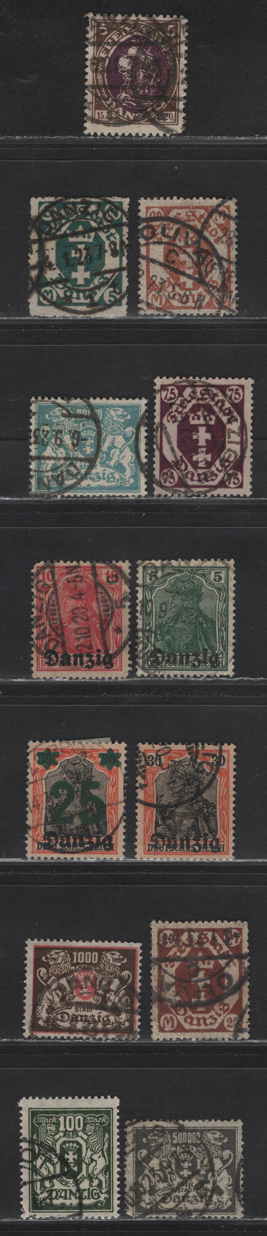 Lot 141 Danzig SC#1-2, 5, 21, 49, 81, 89, 93, 111, 114, 131, 135 5pf - 20n000m Green - Pale Blue , 1920-1923 Germania Overprinted - Arms Issues, 12 Fine/Very Fine Used Singles