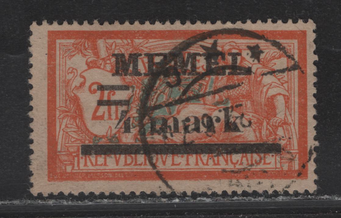 Lot 145 Memel SC#31 (Michel# 31IIx) 4m on 2fr Deep Reddish Orange & Light Greenish Blue , 1920-1921 Surcharged Issue, A Fine Used Single, GC Paper With 1.45mm Between 'Mark' & The Surcharge Bar