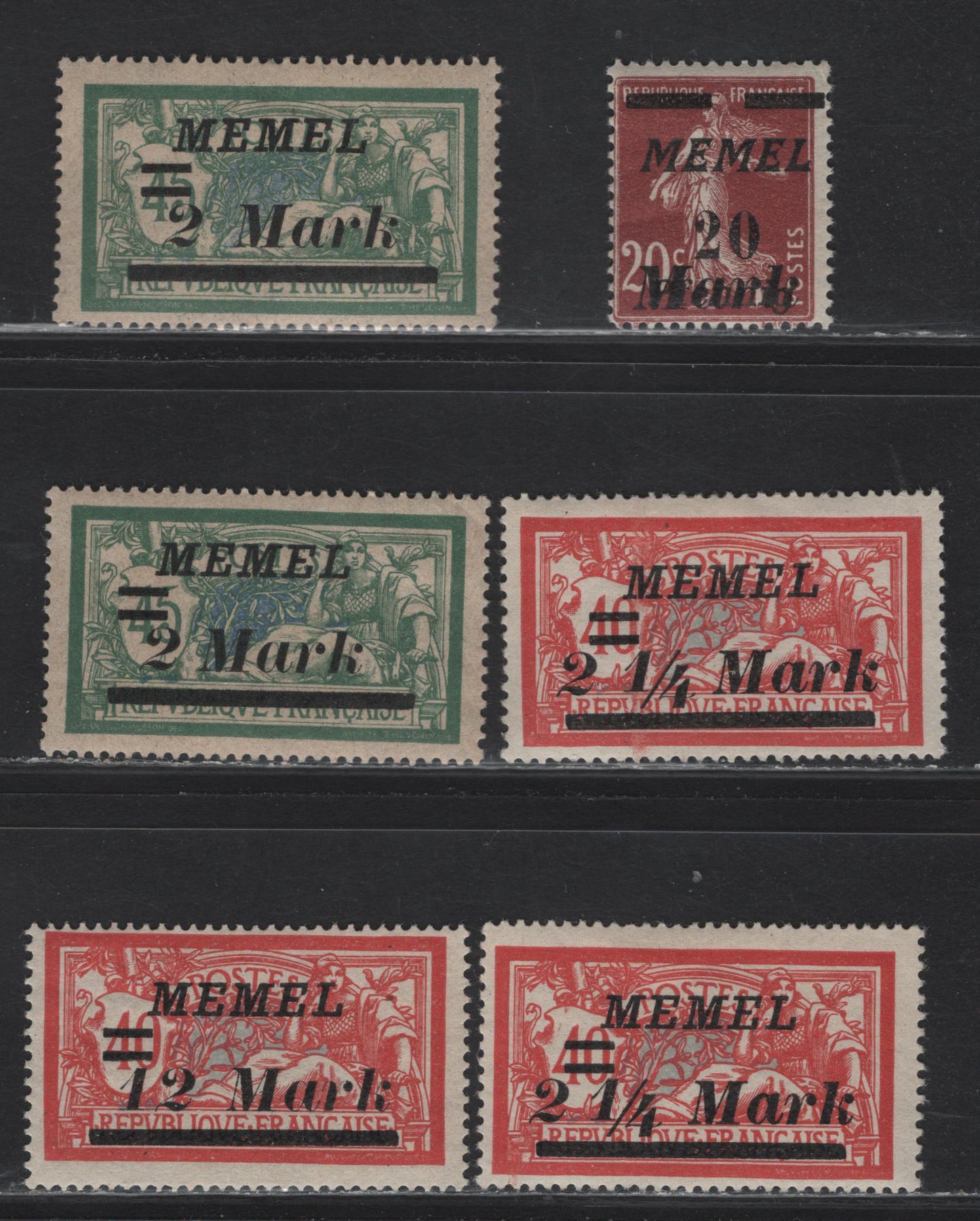 Lot 148 Memel SC#72, 74, 84 20m on 20pf on 20c - 12m Red Brown - Red & Gray Blue , 1922 Surcharged Sower& Mergon Issues, 6 F/VFOG Singles, Includes 2 Shades Of 2.25m