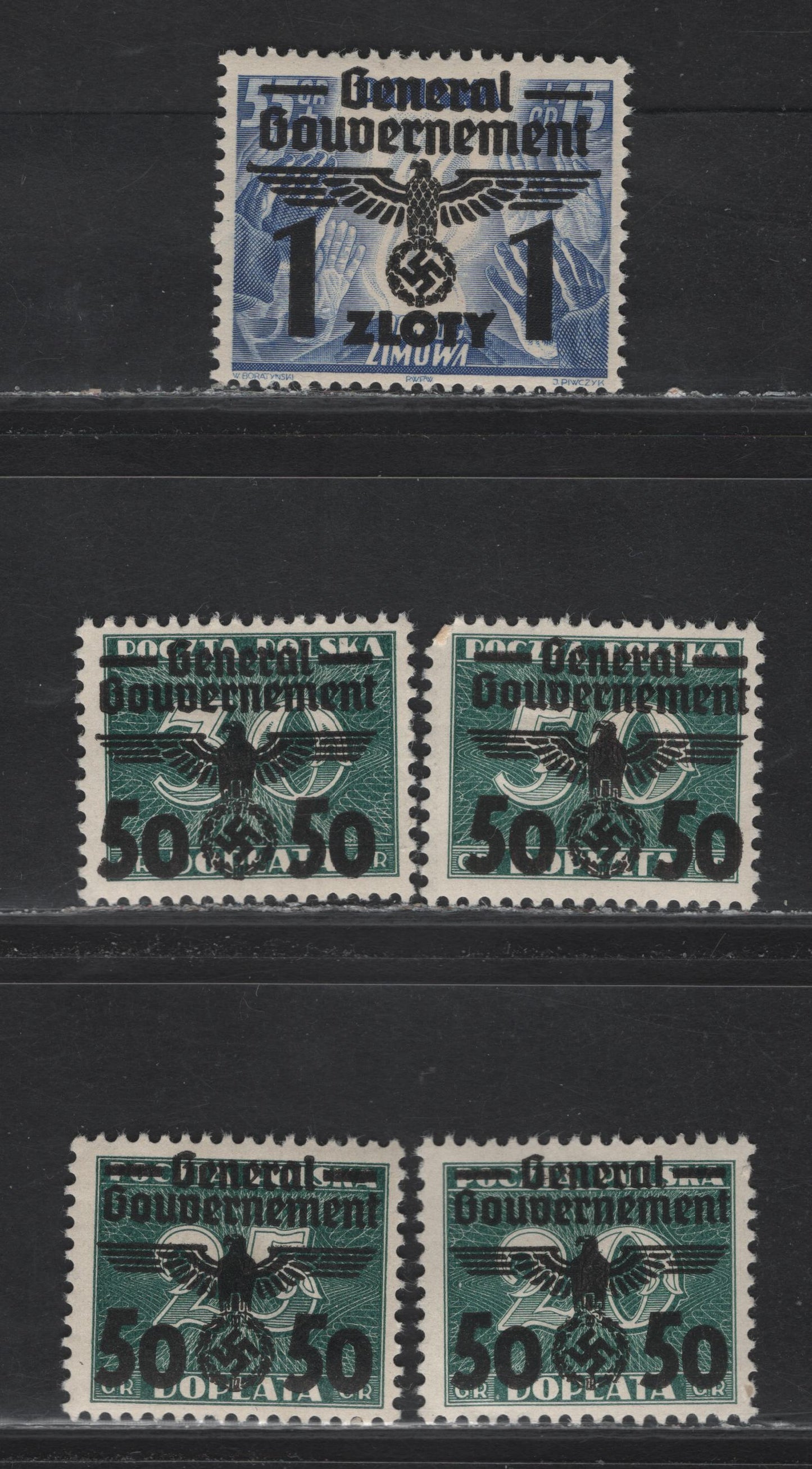 Lot 152 German Occupation of Poland SC#N50-N54 1z on 55g+15g - 50g on 50g Ultramarine - Dark Green , 1940 Overprinted Polish Postage Dues & Semi Postals, 5 F/VFOG Singles