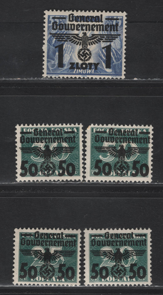 Lot 152 German Occupation of Poland SC#N50-N54 1z on 55g+15g - 50g on 50g Ultramarine - Dark Green , 1940 Overprinted Polish Postage Dues & Semi Postals, 5 F/VFOG Singles