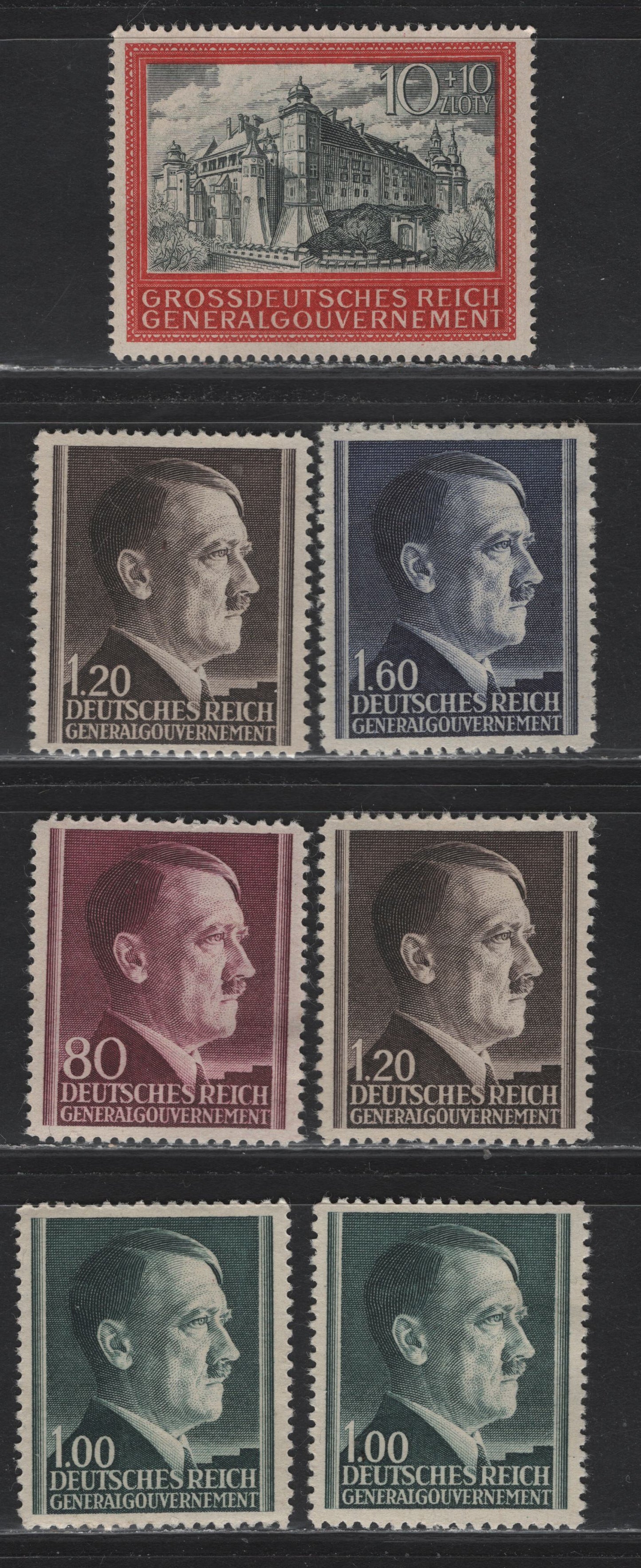 Lot 154 Germany SC#N93-N96, NB41b 10z+10z - 1.6z Red & Greenish Black - Blue Violet , 1941-1944 Cracow Castle - Hitler Head Issues, 7 VFOG Singles, Subtle Shade Variations of the Hitler Heads