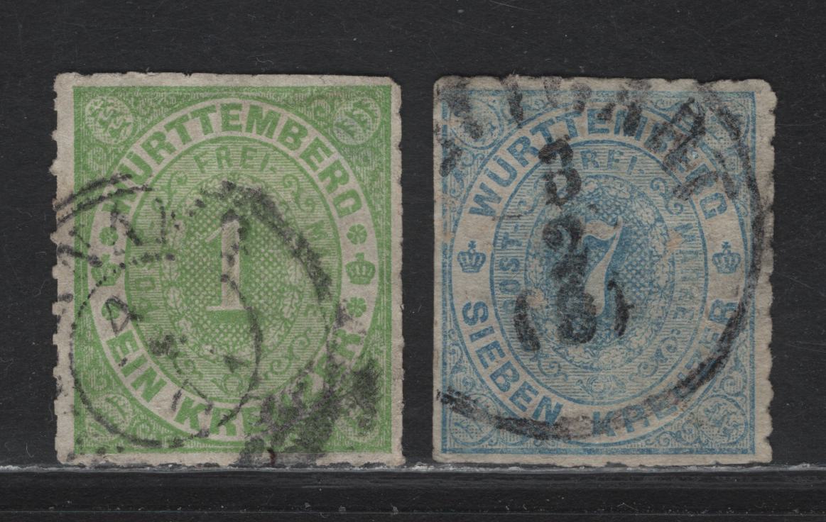 Lot 156 Germany States - Wurttemburg SC#47, 50 1kr - 7kr Yellow Green -Blue , 1869-1973 Numeral Issue, 2 Fine/Very Fine Used Singles, Shallow Thin on 1kr