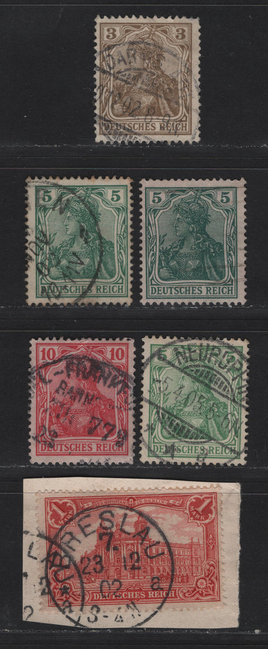 Lot 158 Germany States - Wurttemburg SC#66-67a, 68, 75 3pf - 1m Dark Ochre Brown - Carmine Red , 1902 Germania Issue, 5 Fine Used Singles, Unwatermarked