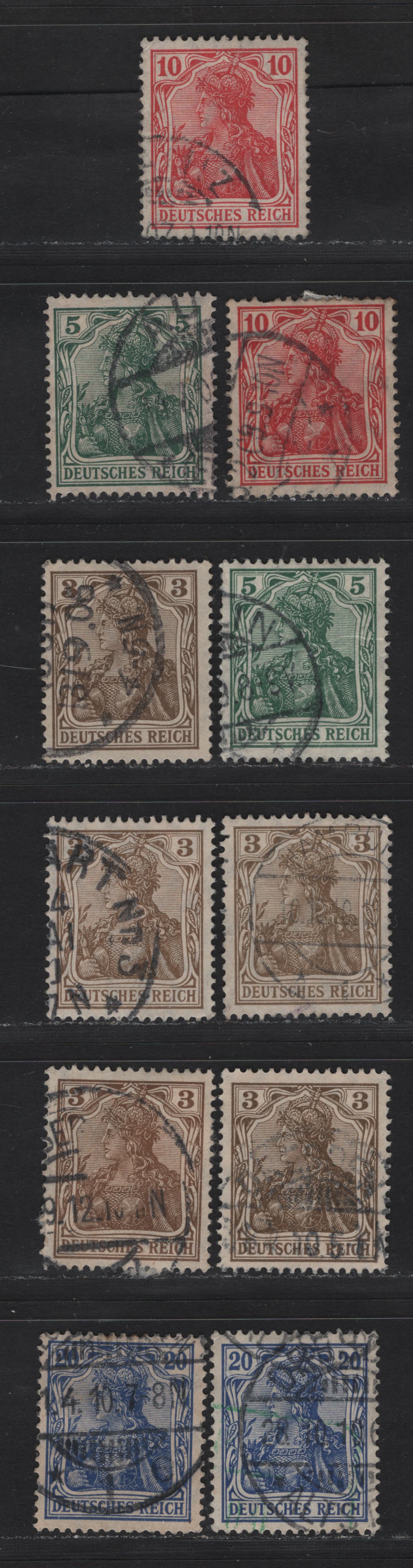 Lot 161 Germany SC#81b, 82h, 83g,h, 84e 9Michel# 84I, 85Ia, 86Ia-b, 87Ia-b) 3pf - 20pf Deep Ochre - Violet Ultramarine , 1905-1915 Germania Issue, 5 Very Fine Used Singles, Multiple Shades, Lozenges Wmk, Pre-War Printings.