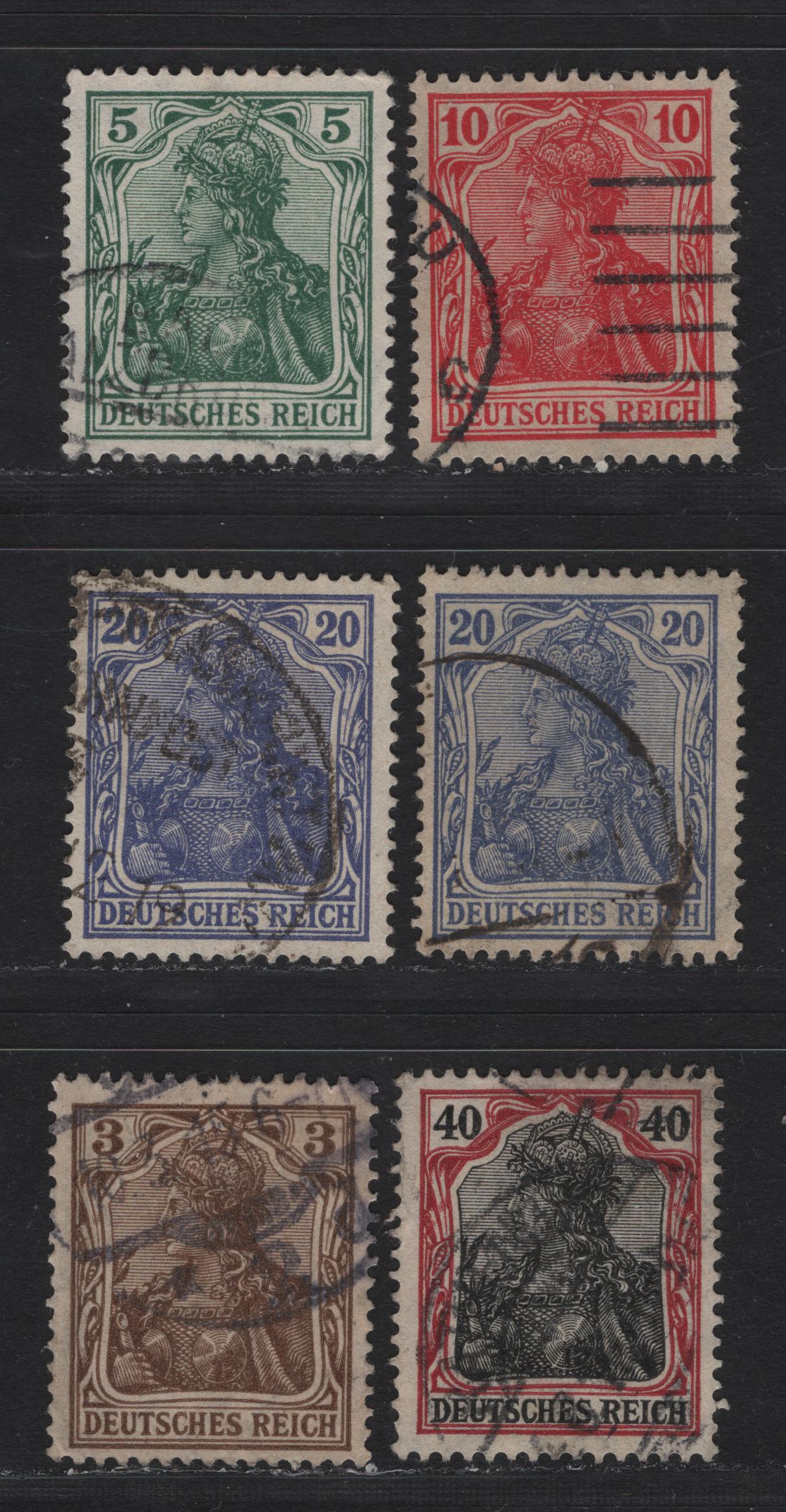 Lot 163 Germany SC#81-84b, 87 (Michel# 84IIa, 85IIa, 86IIa, 87IIa-b, 90IIa) 3pr - 40pf Ochre Brown - Dark Lilac Carmine & Black , 1915-1919 Germania Issue, 6 Fine/Very Fine Used Singles, Lozenges Wmk, Wartime Printings, Includes Scarcer Shades.