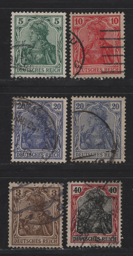 Lot 163 Germany SC#81-84b, 87 (Michel# 84IIa, 85IIa, 86IIa, 87IIa-b, 90IIa) 3pr - 40pf Ochre Brown - Dark Lilac Carmine & Black , 1915-1919 Germania Issue, 6 Fine/Very Fine Used Singles, Lozenges Wmk, Wartime Printings, Includes Scarcer Shades.