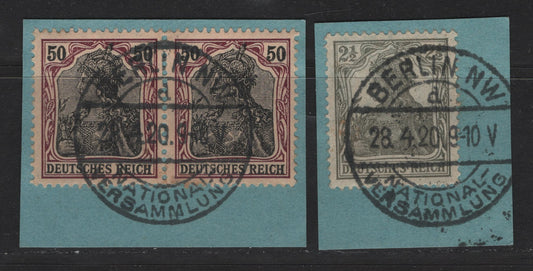 Lot 165 Germany SC#88, 96 2.5pf - 50pf Light Gray - Purple & Black , 1905-1915 Germania Issue, 2 Very Fine Used Singles, Wartime & Postwar Printings On Piece With April 28, 1920 Berlin National Meeting Cancels