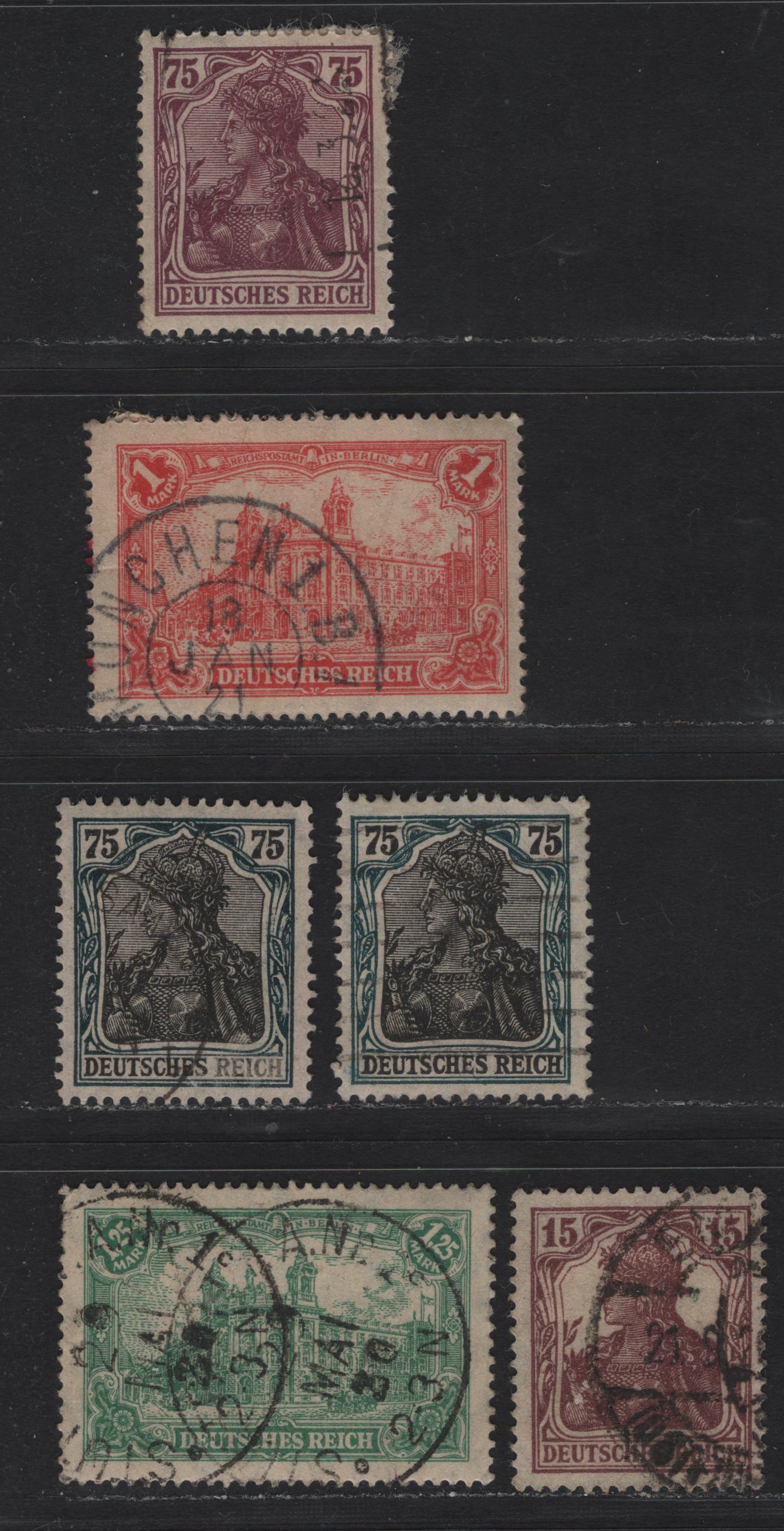 Lot 166 Germany SC#90, 111-112, 120b, 127 (Michel# 104c, A113a, 113, 142a, 148II) 15pr - 75pf Dark Brown Carmine - Black & Blackish Greenish Blue , 1919-1920 Germania Issues, 5 Fine/Very Fine Used Singles, Postwar Printings, Type II On The 75pf