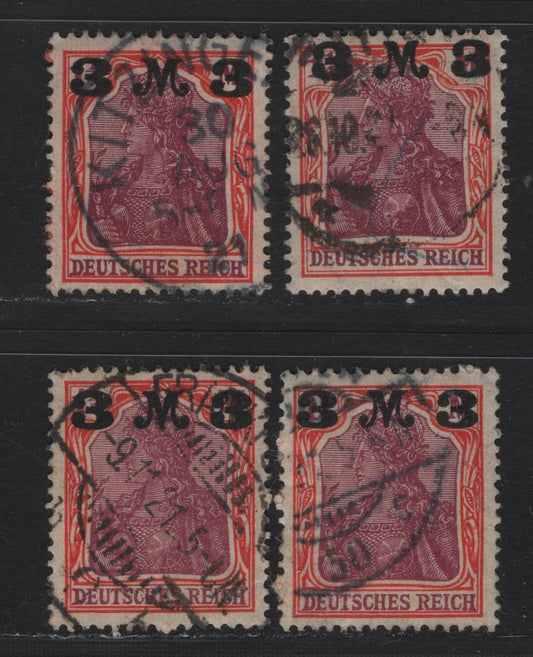 Lot 168 Germany SC#134 (Michel# 155Ia, 155IIa) 3m on 1.25m Vermillion & Magenta , 1921 Surcharged Issue, 4 Very Fine Used Singles