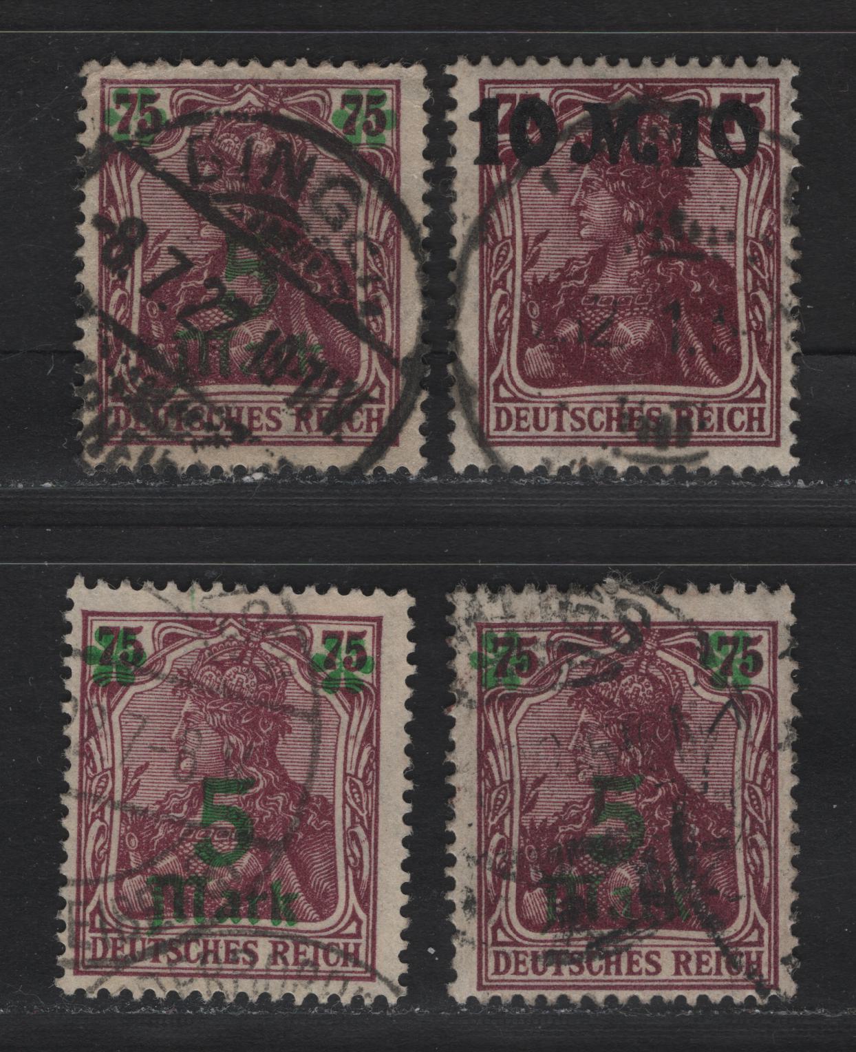 Lot 169 Germany SC#135-136 (Michel# 156II, 157I) 5m on 75pf - 10m on 75pf  , 1921 Surcharged Issue, 4 Fine Used SIngles