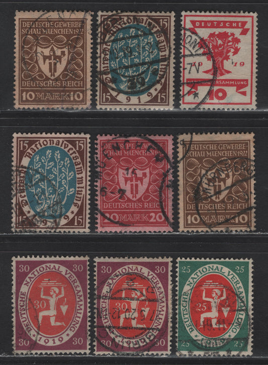 Lot 170 Germany SC#105-108, 216-217 10pf - 10m Carmine Rose - Brown , 1919-1922 National Assembly - Arms of Munich Issues, 9 Fine/Very Fine Used Singles, Including Unlisted Shade Varieties