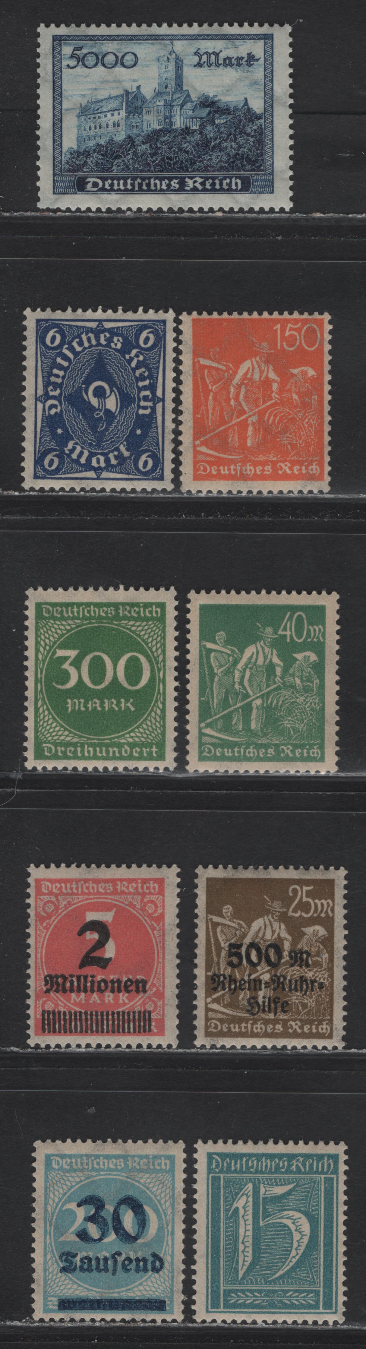 Lot 173 Germany SC#139, 189, 175, 237, 227, 231, 249, 272, 136 15pf - 25m+500pf Greenish Blue - Olive Brown , 1921 Labor & Posthorn Issues, 9 F/VFNH Singles