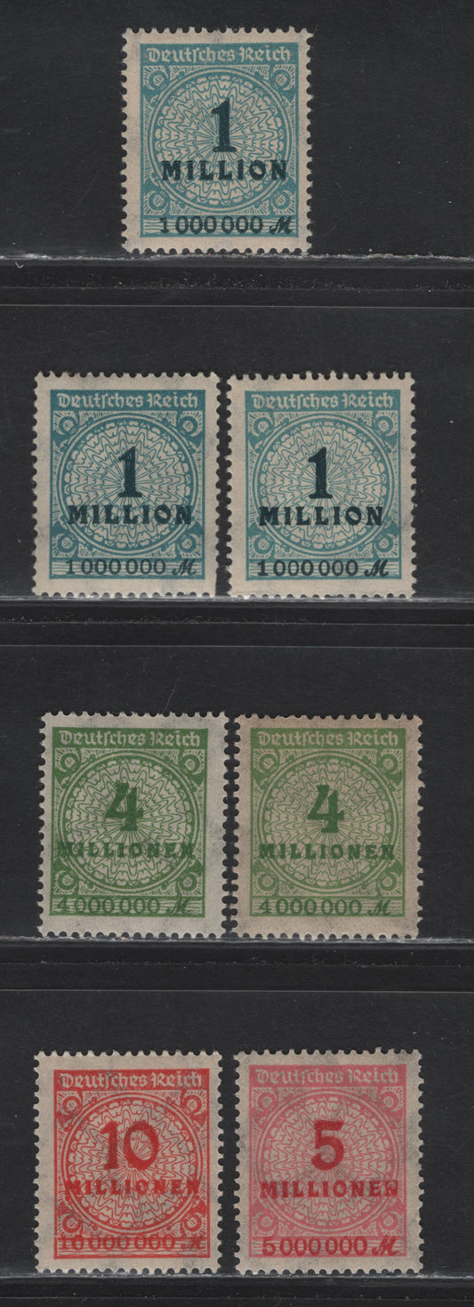 Lot 175 Germany SC#281, 284-286 1m - 10m Greenish Blue - Red , 1923 Numeral Issue, 4 F/VFNH Singles, Flat Plate Printings, Shade Variations Of 1m & 4m