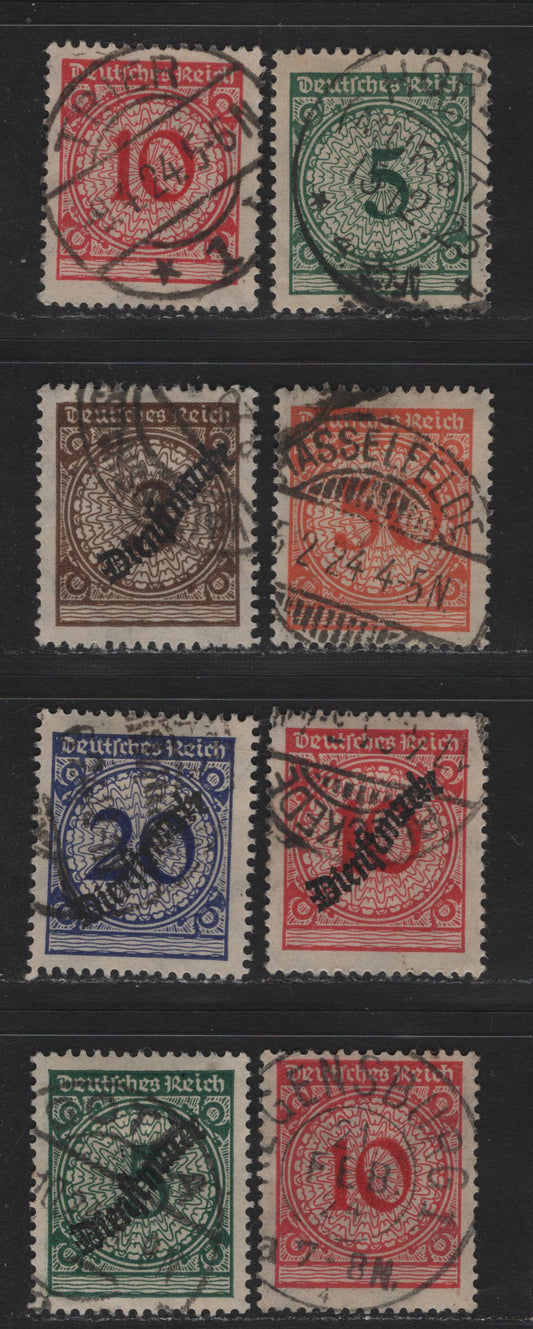 Lot 176 Germany SC#324-325, 327, O47-O50 5pf - 20pf Dark Green - Deep Ultramarine , 1923 Numeral - Official Overprinted Issues, 8 Fine/Very Fine Used Singles, Flate & Rotary Press Printings