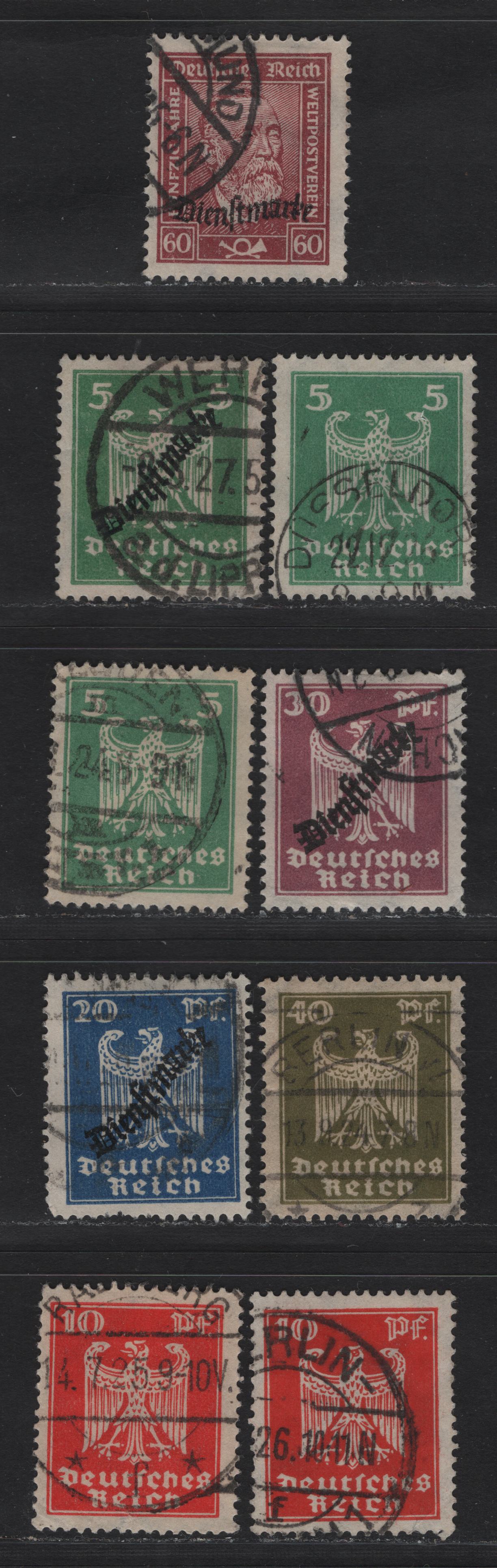 Lot 177 Germany SC#331-332, 335, O34, O56-O57, O60 5pf - 60pf Green -Red Brown , 1924-1925 German Eagle & UPU Issues, 7 Fine/Very Fine Used Singles