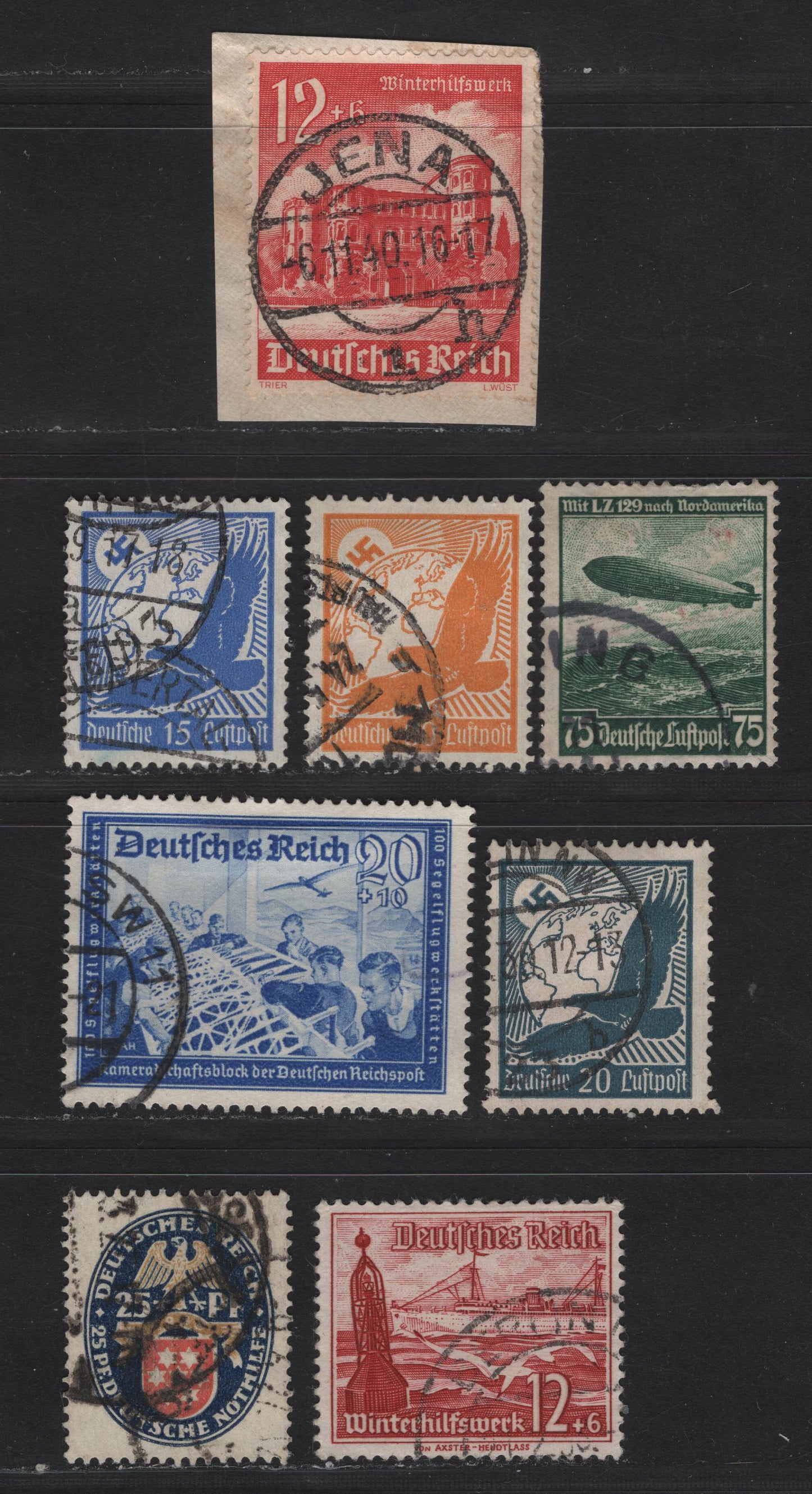 Lot 178 Germany SC#B17, B112, B157, B182, C48-C49, C53, C58 25pf+25pf - 75pf Blye, Yellow & Red - Dull Green , 1926-1935 Semi Postal - Airmail Issues, 8 Fine/Very Fine Used Singles