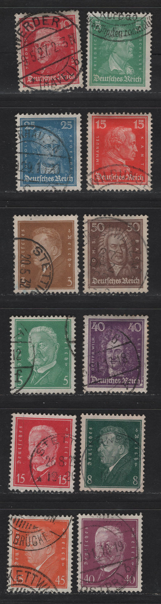 Lot 179 Germany SC#353b, 355-356, 358, 360-361, 365-366, 370, 374, 379-380 5pf - 50pf Light Green - Brown , 1926-1932 Composers - Hindenburg & Ebert Portraits Issues, 12 Fine/Very Fine Used Singles